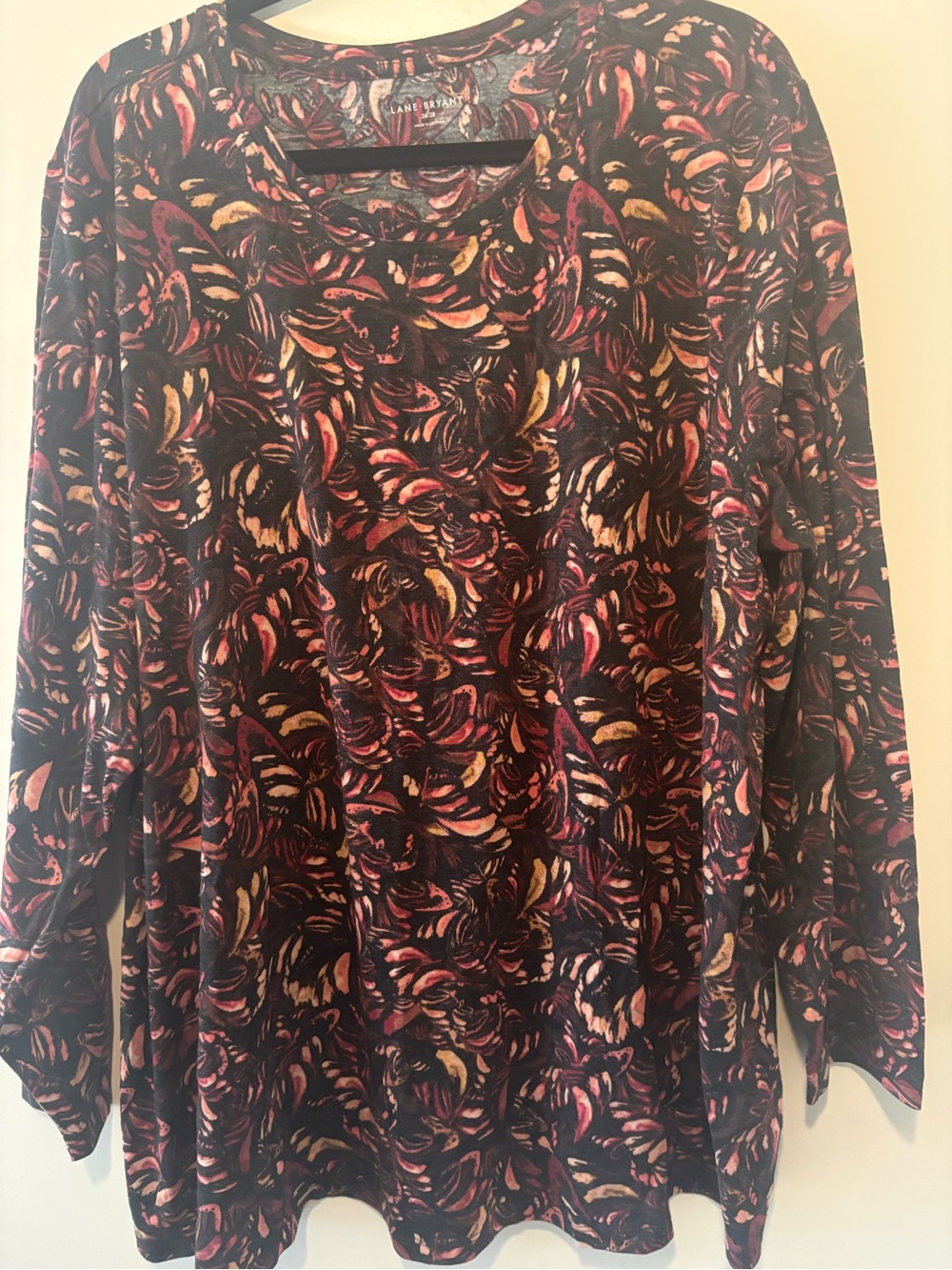 Lane Bryant Black Long Sleeve Top with Pink and Gold Swirl Print